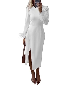 Women's 2023 Fall Long Sleeve Dress Formal Midi Bodycon Wrap Slit Feather Elegant Wedding Guest Cocktail Dresses