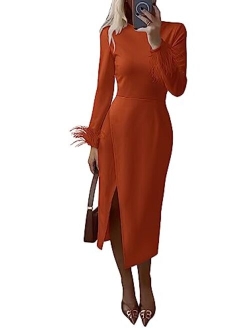 Women's 2023 Fall Long Sleeve Dress Formal Midi Bodycon Wrap Slit Feather Elegant Wedding Guest Cocktail Dresses