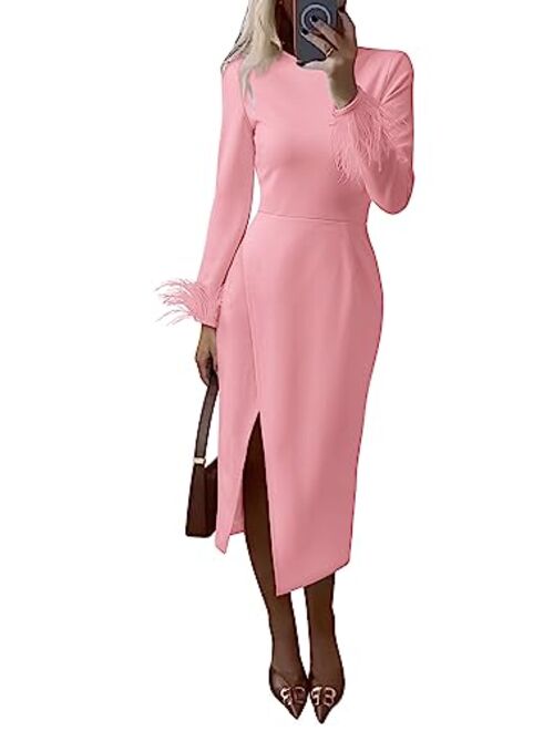 PRETTYGARDEN Women's 2023 Fall Long Sleeve Dress Formal Midi Bodycon Wrap Slit Feather Elegant Wedding Guest Cocktail Dresses