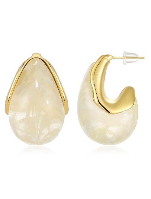 KissYan Acrylic Teardrop Earrings for Women, 14K Gold Plated Resin Chunky Hoop Earrings, Lightweight Hollow Open Drop Hoops Translucent Hypoallergenic Vintage Fashion Jew