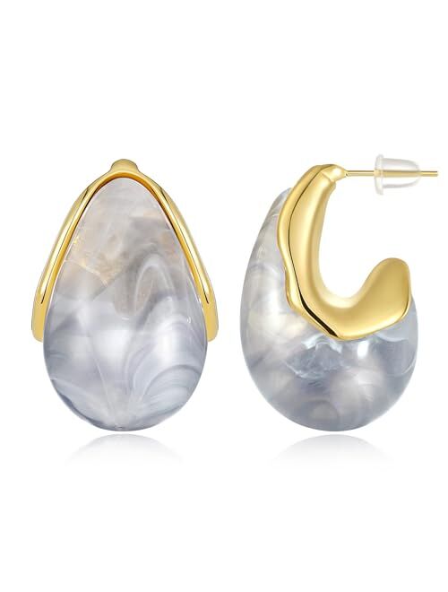 KissYan Acrylic Teardrop Earrings for Women, 14K Gold Plated Resin Chunky Hoop Earrings, Lightweight Hollow Open Drop Hoops Translucent Hypoallergenic Vintage Fashion Jew