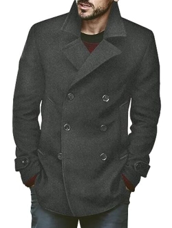 Bbalizko Mens Classic Pea Coat Notched Collar Slim Fit Double Breasted Winter Warm Heavyweight Trench Coats