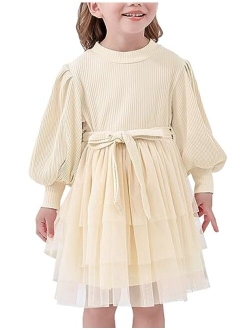 Goodstoworld Toddler Girl Tulle Dress Puff Long Sleeves Tutu Dresses with Tie Belt for Princess Brithday Party 1-6T