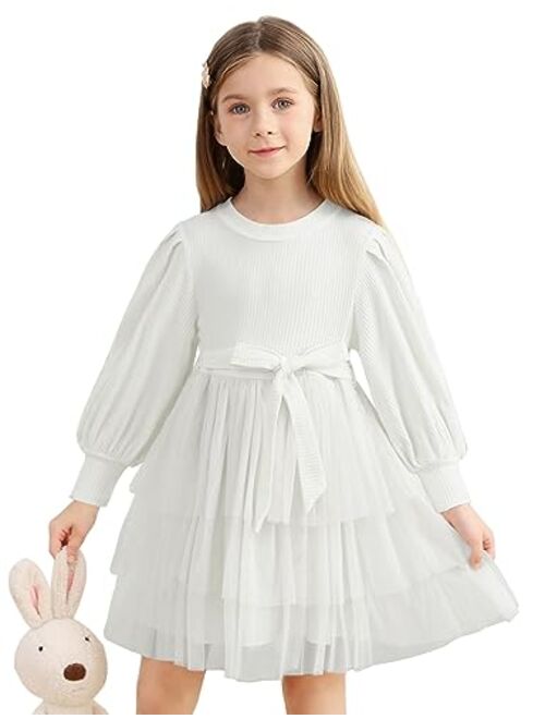 Goodstoworld Toddler Girl Tulle Dress Puff Long Sleeves Tutu Dresses with Tie Belt for Princess Brithday Party 1-6T