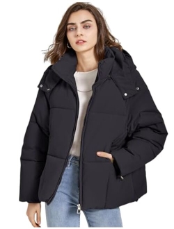 Gihuo Womens Puffer Jacket Full Zip Quilted Hooded Bubble Coats Padded Jacket Long Sleeve Winter Warm Coat Pocket