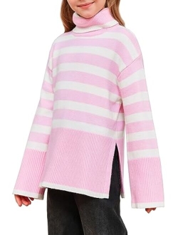 Meikulo Girls Striped Sweaters Kids Oversized Turtleneck Long Sleeve Pullover Knit Sweater Tops with Side Slit