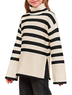 Meikulo Girls Striped Sweaters Kids Oversized Turtleneck Long Sleeve Pullover Knit Sweater Tops with Side Slit