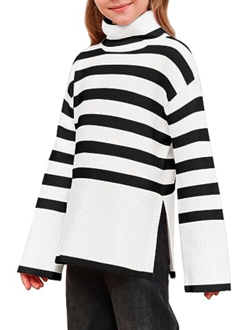 Meikulo Girls Striped Sweaters Kids Oversized Turtleneck Long Sleeve Pullover Knit Sweater Tops with Side Slit