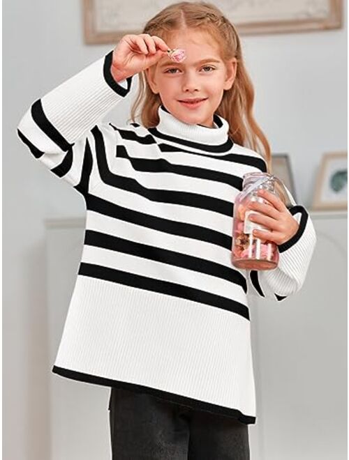 Meikulo Girls Striped Sweaters Kids Oversized Turtleneck Long Sleeve Pullover Knit Sweater Tops with Side Slit