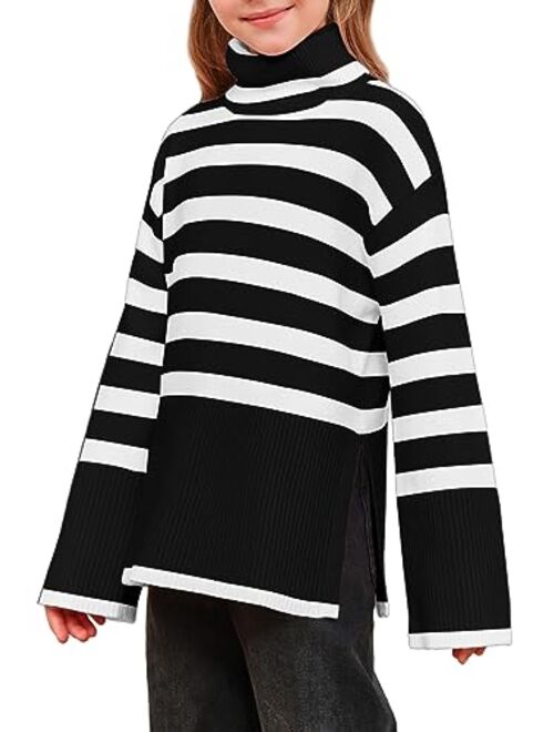 Meikulo Girls Striped Sweaters Kids Oversized Turtleneck Long Sleeve Pullover Knit Sweater Tops with Side Slit