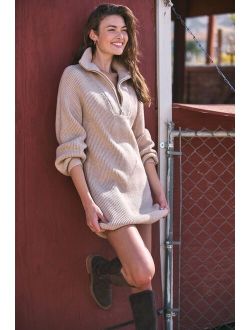 Comfy Moments Beige Quarter-Zip Mini Sweater Dress