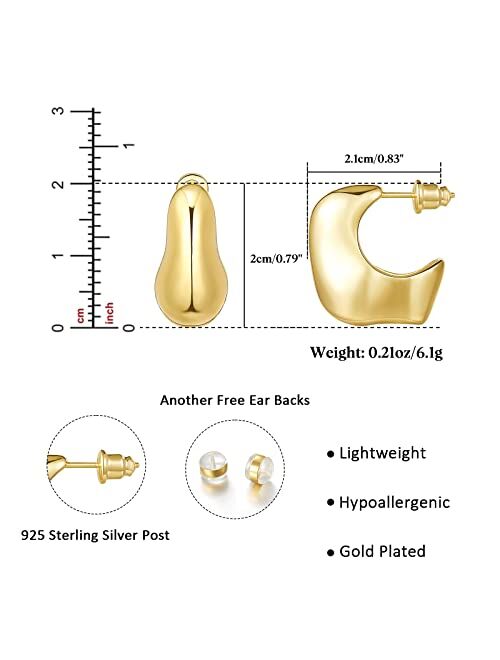 KissYan Chunky Gold Hoop Earrings for Women, 14K Gold Plated Lightweight Hollow Open Hoops Thick Teardrop Earrings Sterling Silver Post Fashion Jewelry Gifts