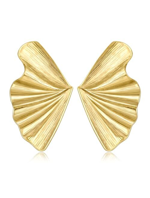 KissYan Gold Statement Earrings, 14K Gold Plated Flower Gingko Leaf Geometric Twisted Knot Fan-shaped Mermaid Tail Exaggerated Earrings Trendy Jewelry for Women