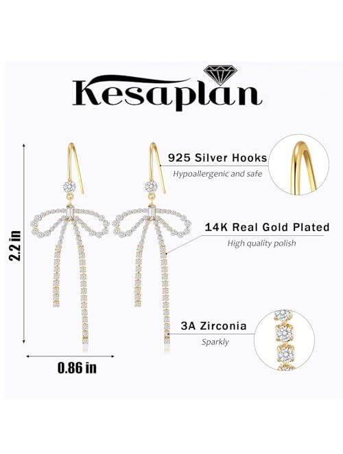 Kesaplan Gold Statement Bow Earrings 925 Sterling Silver Bow Dangly Earrings Cute Sparkly Earrings for Gift