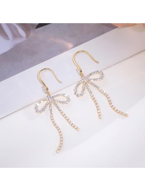 Kesaplan Gold Statement Bow Earrings 925 Sterling Silver Bow Dangly Earrings Cute Sparkly Earrings for Gift