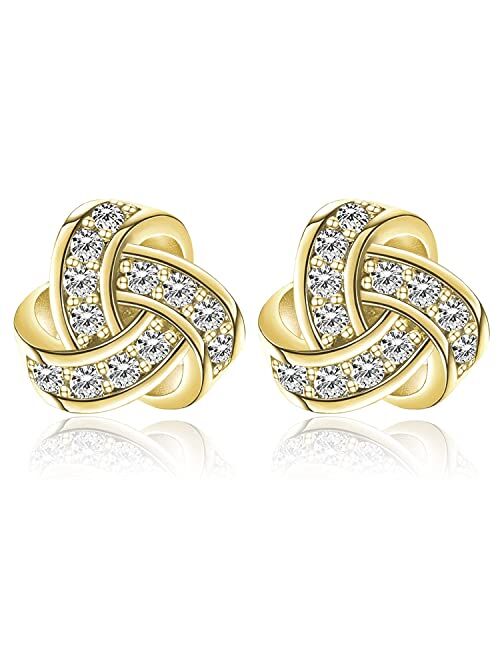 Elensan 14K Gold Plated Stud Earrings 925 Sterling Silver Post CZ Hypoallergenic Earrings Love Knot Cubic Zirconia Earrings for Women