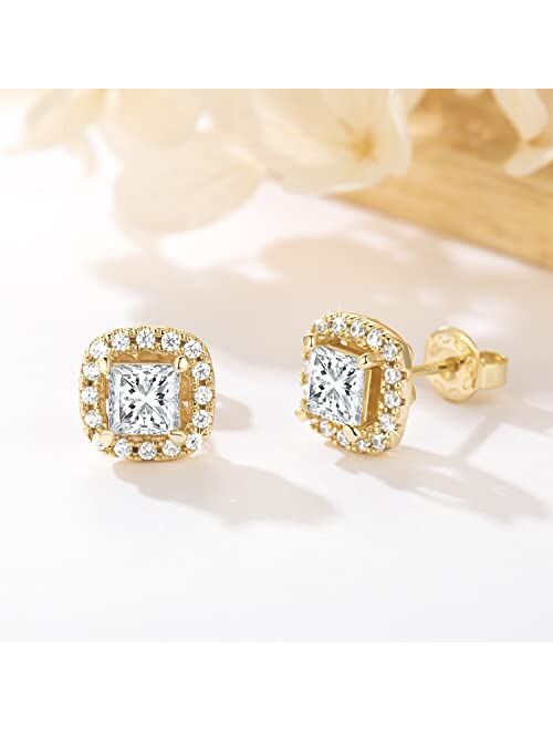 Bangalo 14K Gold Earrings, Gold Stud Earrings for Women Hypoallergenic Cushion-shaped Cubic Zirconia Earrings Studs Small Diamond Stud Earrings for Women 10mm