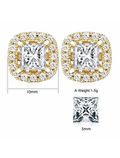 Bangalo 14K Gold Earrings, Gold Stud Earrings for Women Hypoallergenic Cushion-shaped Cubic Zirconia Earrings Studs Small Diamond Stud Earrings for Women 10mm