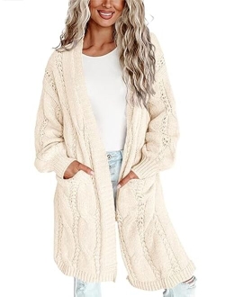 Imily Bela Womens Oversized Open Front Long Cardigans Cable Knit Long Lantern Sleeve Chunky Sweater Outwear with Pockets