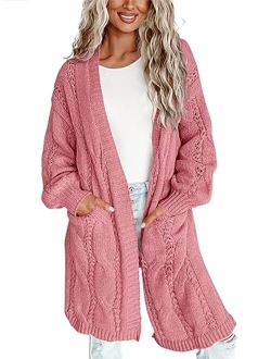 Imily Bela Womens Oversized Open Front Long Cardigans Cable Knit Long Lantern Sleeve Chunky Sweater Outwear with Pockets