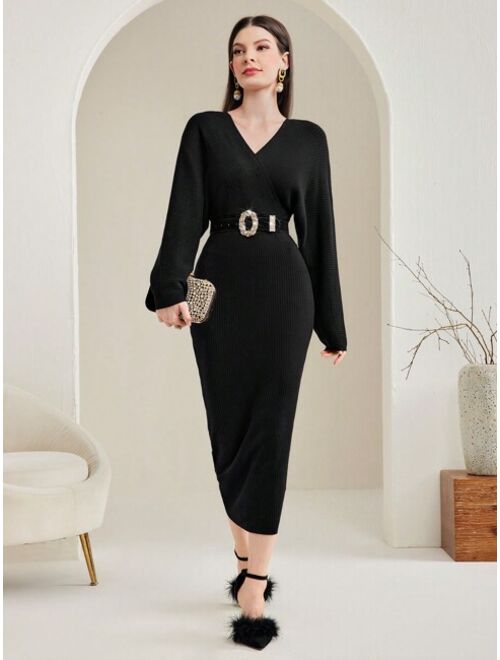 SHEIN Modely Dolman Sleeve Overlap Collar Sweater Dress