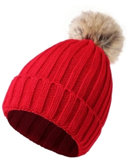 DOFOWORK Beanies Women - Winter Hats for Women with Faux Fur Pom Warm Knit Skull Cap, Womens Beanie