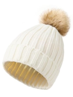 DOFOWORK Beanies Women - Winter Hats for Women with Faux Fur Pom Warm Knit Skull Cap, Womens Beanie