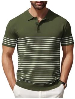 Men's Knit Polo Shirts Short Sleeve Striped Golf Polo Shirts Lightweight Casual Collared T Shirt