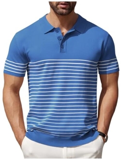 Men's Knit Polo Shirts Short Sleeve Striped Golf Polo Shirts Lightweight Casual Collared T Shirt