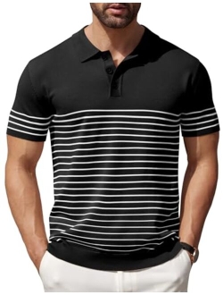 Men's Knit Polo Shirts Short Sleeve Striped Golf Polo Shirts Lightweight Casual Collared T Shirt