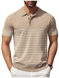 Men's Knit Polo Shirts Short Sleeve Striped Golf Polo Shirts Lightweight Casual Collared T Shirt