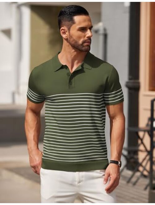 COOFANDY Men's Knit Polo Shirts Short Sleeve Striped Golf Polo Shirts Lightweight Casual Collared T Shirt