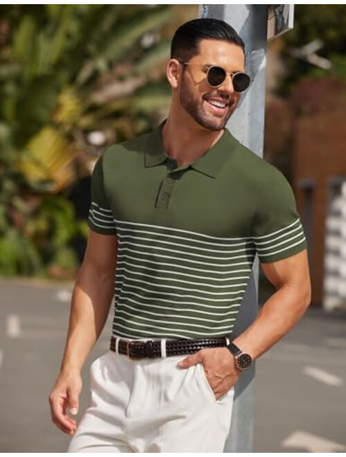 COOFANDY Men's Knit Polo Shirts Short Sleeve Striped Golf Polo Shirts Lightweight Casual Collared T Shirt