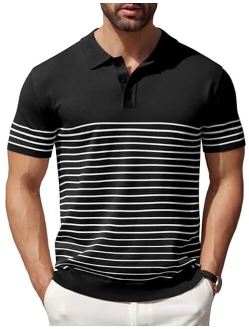 COOFANDY Men's Knit Polo Shirts Short Sleeve Striped Golf Polo Shirts Lightweight Casual Collared T Shirt