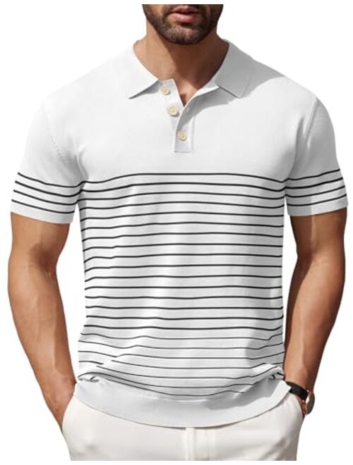 COOFANDY Men's Knit Polo Shirts Short Sleeve Striped Golf Polo Shirts Lightweight Casual Collared T Shirt