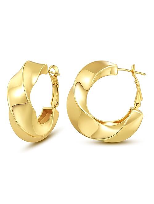 KissYan Gold Chunky Hoop Earrings for Women, 14K Gold Plated Statement Thick Hollow Twist Tube Huggie Hoops Earrings Sterling Silver Post Hypoallergenic Fashion Jewelry G