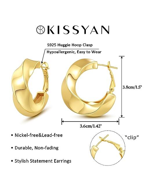KissYan Gold Chunky Hoop Earrings for Women, 14K Gold Plated Statement Thick Hollow Twist Tube Huggie Hoops Earrings Sterling Silver Post Hypoallergenic Fashion Jewelry G
