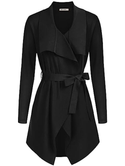 Cardigan for Women Lapel Draped Open Front Thin Sweater Long Sleeve Irregular Hem Outwear with Belt