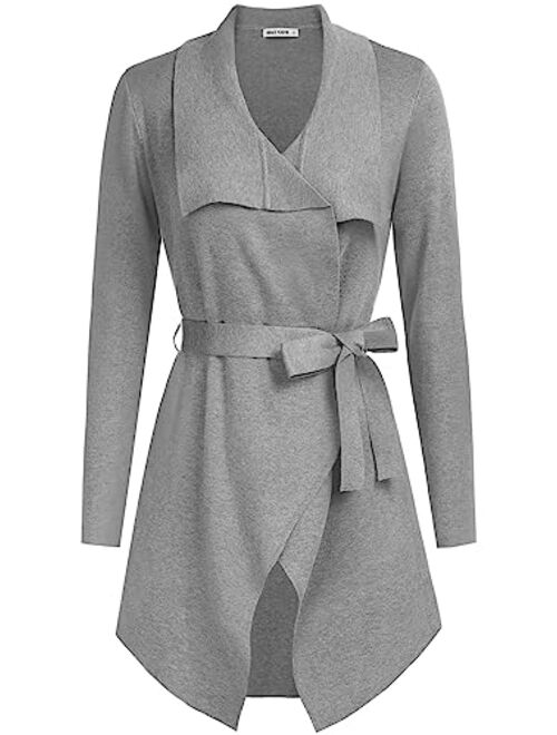GRACE KARIN Cardigan for Women Lapel Draped Open Front Thin Sweater Long Sleeve Irregular Hem Outwear with Belt