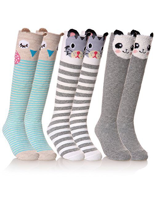 FNOVCO Girls Knee High Socks Cartoon Animal Patterns Cotton Over Calf Socks