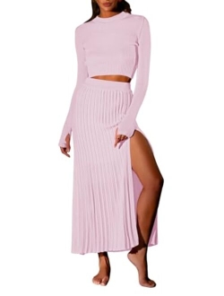 Pink Queen Women's 2 Piece Sweater Outfits Set Long Sleeve Crop Top Ribbed Split Bodycon Midi Long Skirt Knit Dresses