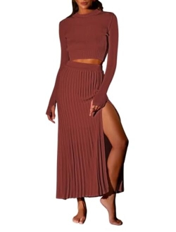 Pink Queen Women's 2 Piece Sweater Outfits Set Long Sleeve Crop Top Ribbed Split Bodycon Midi Long Skirt Knit Dresses