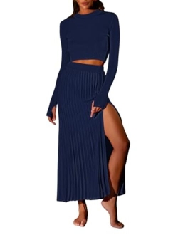 Pink Queen Women's 2 Piece Sweater Outfits Set Long Sleeve Crop Top Ribbed Split Bodycon Midi Long Skirt Knit Dresses