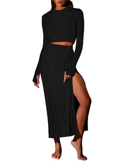 Pink Queen Women's 2 Piece Sweater Outfits Set Long Sleeve Crop Top Ribbed Split Bodycon Midi Long Skirt Knit Dresses