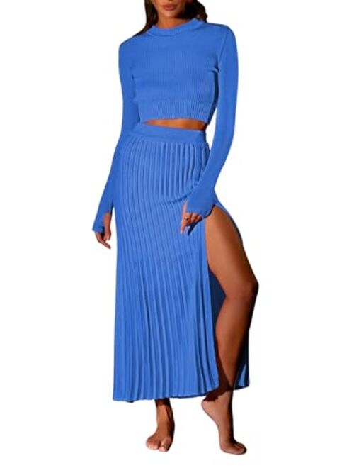 Pink Queen Women's 2 Piece Sweater Outfits Set Long Sleeve Crop Top Ribbed Split Bodycon Midi Long Skirt Knit Dresses