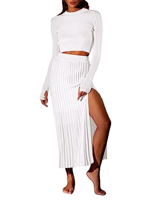 Pink Queen Women's 2 Piece Sweater Outfits Set Long Sleeve Crop Top Ribbed Split Bodycon Midi Long Skirt Knit Dresses