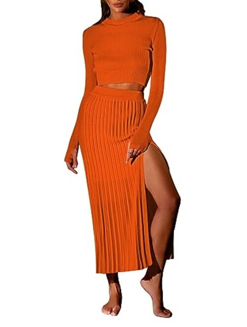 Pink Queen Women's 2 Piece Sweater Outfits Set Long Sleeve Crop Top Ribbed Split Bodycon Midi Long Skirt Knit Dresses