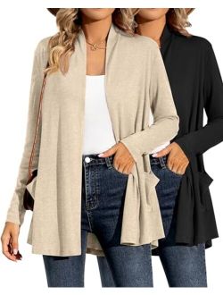 Ficerd 2 Pcs Women's Long Sleeve Cardigans Casual Drape Open Front Lightweight Cardigans Sweaters Duster with Pockets