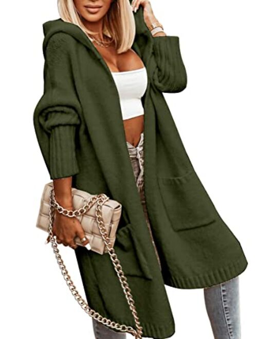 Aoysky Womens Long Cardigans Cable Knitted Open Front Oversized Hooded Outerwear Sweater Coat