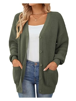 QUALFORT Women's Cardigan Sweater 100% Cotton Button-Down Long Sleeve Oversized Knit Cardigans